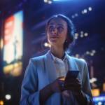 Beautiful,Young,Woman,Using,Smartphone,Standing,On,The,Night,City